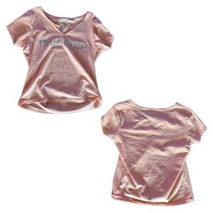 Y2K Fitted Peachy Orange True Religion V-Neck T-Shirt